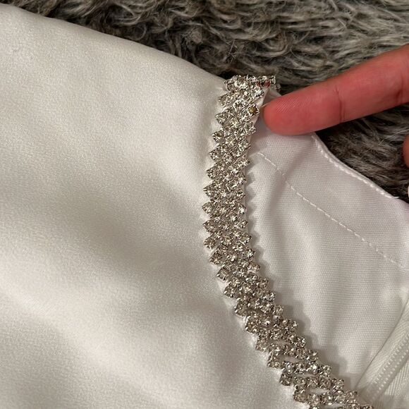 Ieena for MacDuggal Rhinestone Neckline Draped Mini Dress - Picture 4 of 6